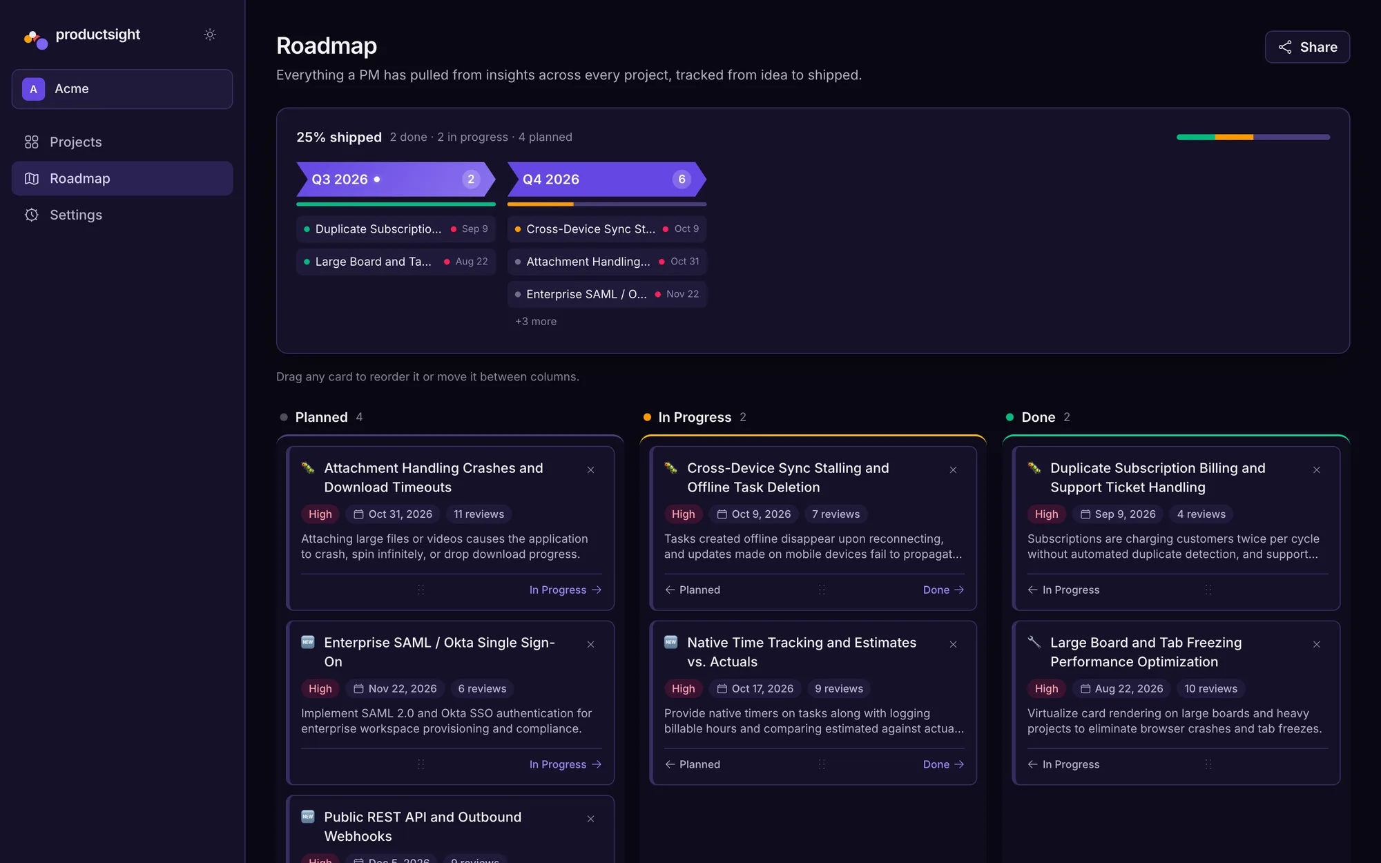 The roadmap board with planned, in-progress and done columns and a timeline of target dates.